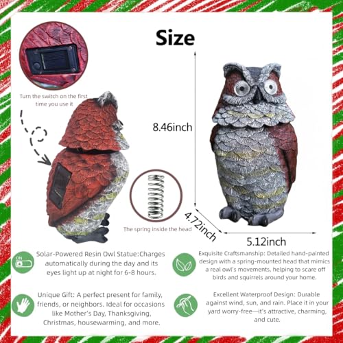 Jy.Cozy Garden Solar Owl Decoy Statue Outdoor Figurine Light Decor Glowing Eyes Spring Mounted Wobblying Head Resin Sculpture Decoration for Home Porch Patio Lawn Farm Yard Housewarming Ornament Gift - Image 3