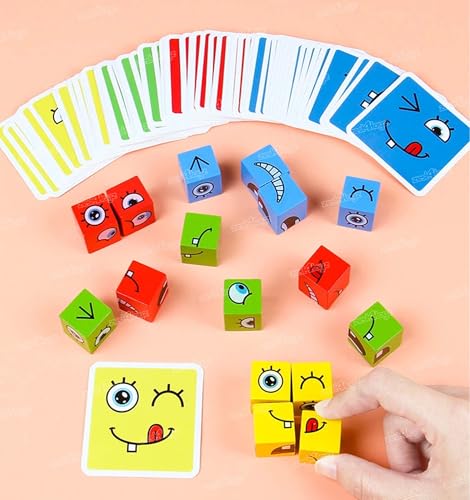 Image of Zest 4 Toyz 64 Pcs Wooden Emoji Face Changing Cube Puzzle Game for Kids Cards Game Face Changing Blocks Game Expression Matching Blocks for Kids Educational Learning Toy (Multicolor) - Age 3+
