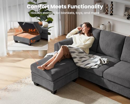 Image of CHIC HOUSE Modular Corner Sectional Sofa with Storage, Corduroy L-Shaped Couch, Compact Small Space Furniture for Living Room & Apartment (Dark Grey, 5 Seater L-Shaped)