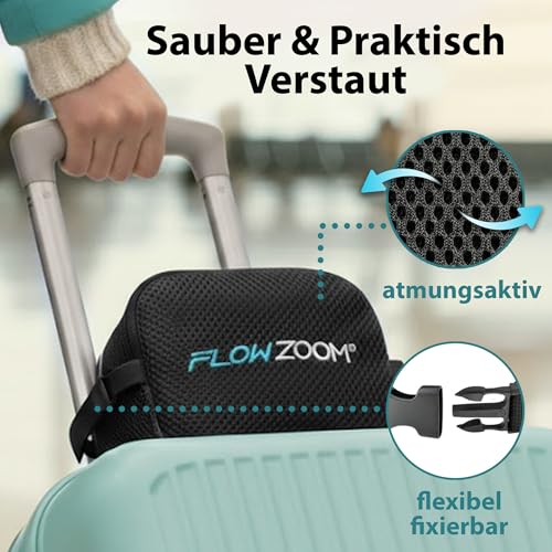 FLOWZOOM Dream Pro - Nackenkissen mit extra seitlicher Stütze und flexibel einstellbarem Klettverschluss - Reisekissen Flugzeug aus Memoryschaum - inkl. Reisebeutel & Geschenkverpackung - Schwarz