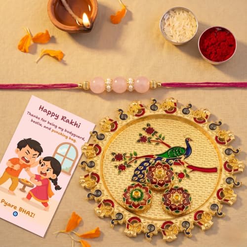 Image of Pink Beaded Rakhi for Brother with Greeting Card, Roli Chawal | Premium Pearl Stone Designer Rakhi | Raksha Bandhan Gift for Brother