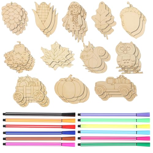 QINGZY 36 Piezas Figuras de Madera para Manualidades, 12 Diseños para Pintar, Incluye Calabaza, Hoja de Arce, Búho y Camión, Decoración otoñal DIY, Arte en Madera y Proyectos Creativos