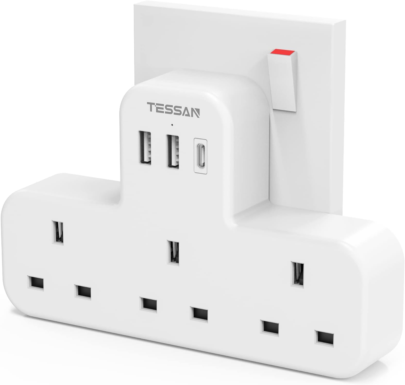 TESSAN Multi Plug Extension with USB C, 3 Way Power Extension with 3 Multiple Outlet Socket, USB Wall Charger with 3 USB Ports (1 Type C), Triple UK Plug Extender for Kitchen, Home Office Accessories
