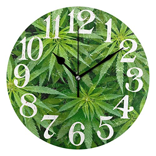 Naanle Green Marijuana Leaf Cannabis Weed Plant Leaves Round/Square/Diamond Acrylic Wall Clock Oil Painting Home Office School Decorative Creative Dual Use Clock Art