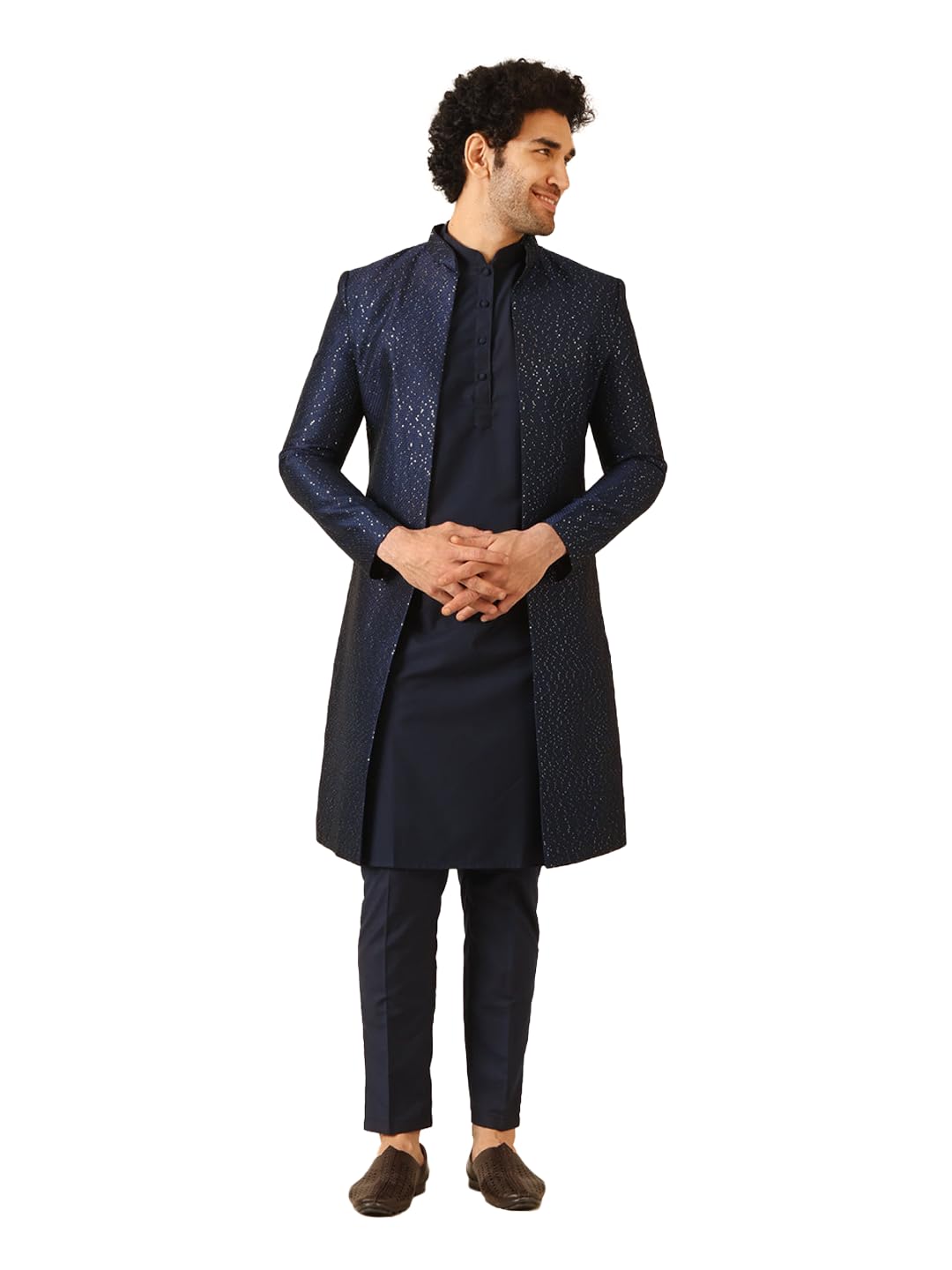 Men's Kurta Indo-Western Sherwani Trouser Set, Multi Jacquard, Woven Design Regular Fit Mandarin Collar Full Sleeves