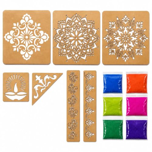 Image of SWAGSTATION Mandala Rangoli Stencils Set Rangoli Stencil Big Size for Floor (Set of 7 Stencil, 6 Rangoli Colors Set, Mandala Decorative Stencils Combo) Mandala Rangoli Making Tools Kit, Multi