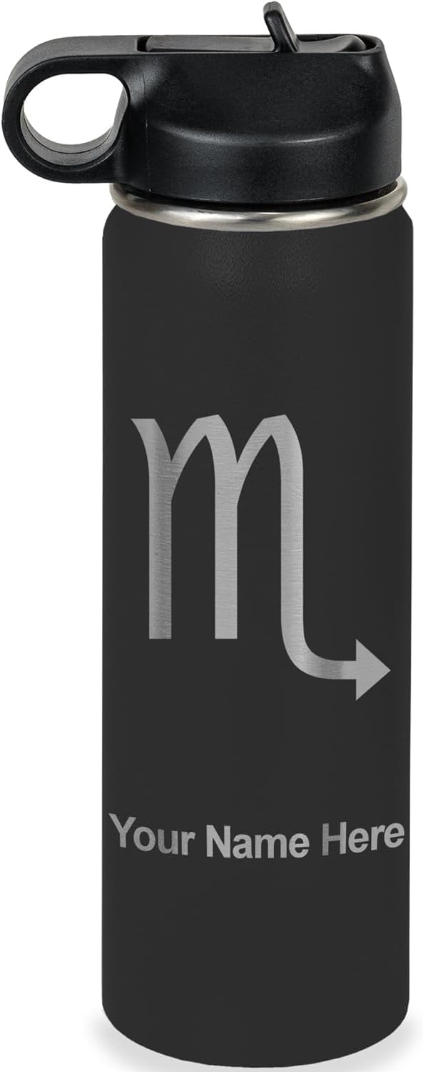 LaserGram Personalized Water Bottle, Zodiac Sign Scorpio, Stainless Steel Double Wall Vacuum Insulated with Flip Top Straw, Custom Engraved Gift (20oz / 590ml Black)