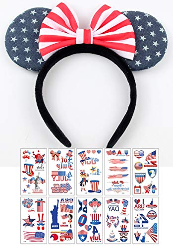 Mickey Minnie Mouse Ears Headbands with Stars Stripes & Temporary Tattoo Stickers Photo Props, for Disney Cartoon Costume Cosplay Party Supplies, Unisex Blue; 1D(Flag Theme)