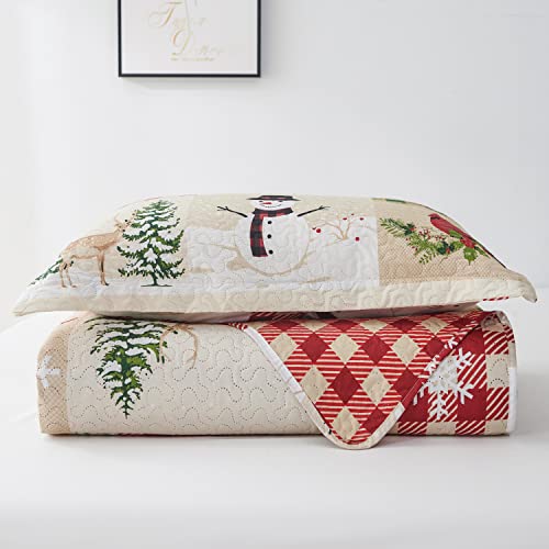 Christmas Quilts Twin Size Red Green Plaid Patchwork Bedding Lightweight Cardinal Bedspread Snowman Coverlet For Kids Girls Adults,1 Quilt 2 Pillow Shams #TOP6