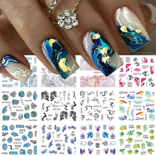 12 Sheets Marble Nail Water Transfer Stickers Colorful Marble Patterns Nail Design Nail Art Stickers Irregular Wave Geometry Line Sliders Nail Decals Abstract Painting Watermark Nail Art Supplies DIY