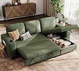 LINSY HOME Sectional Sleeper Sofa with Pull Out Couch Bed Convertible Plush Corduroy Cloud Couch with Storage Chaise & USB Charging, Comfy L Shaped Modular Couches for Living Room Apartment (Green)