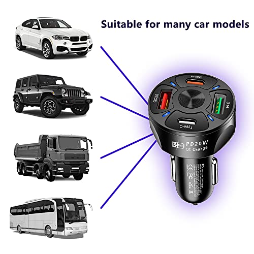 4-Port-Car-Charger-USB-C-Adapter-with-LED-LightQuick-Charge-with-Type-CPD-20WQC-30-Fast-Charging-Car-Cigarette-Lighter-Adapter-for-iPhone-14-13-12-S22-S21-S20-iPad-Pro-More-Car-Black