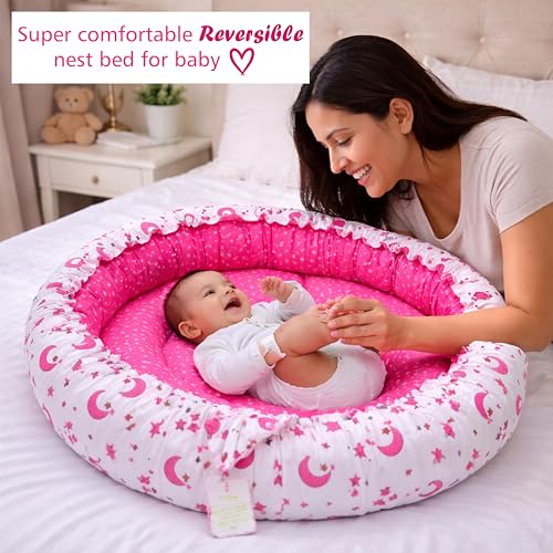 Image of Infantbond Designer Mattress with Net | Baby Sleeping Bag | 4 Pcs Bedding | 1 Nest (0-6 Months) (Moon Pink)