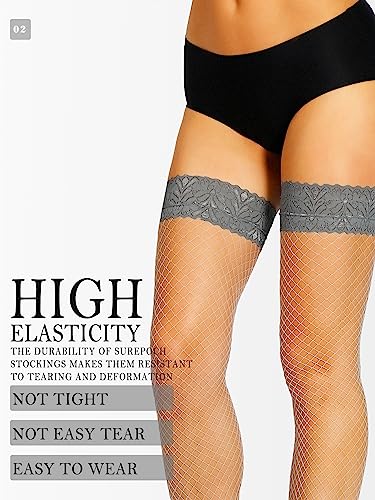Image of SUREPOCH Lace Top Fishnet Thigh High Stockings Silicone Top Stay Up Tights for Women