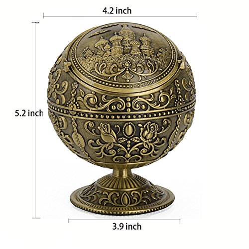 Vintage Windproof Ashtray With Lid Tabletop Portable Cigarette Ashtray For Outdoor Indoor Metal Push Down Ashtray Smoking Ash Tray Hand Stamped Pattern Gift For Men Women (Castle Bronze) #TOP1