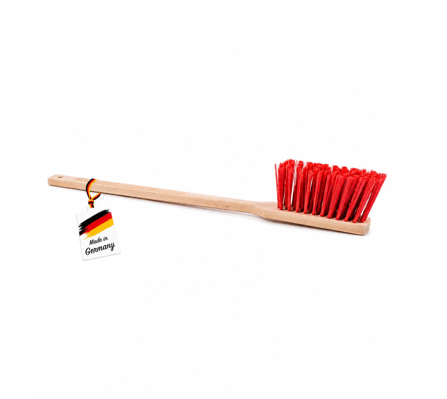 Langstiel Handfeger 60cm Lang rote Kunststoff Borsten Handbesen Holzgriff | Buchenholz-Körper, Robuste Elaston-Kunststoffborsten, 600mm Lang, Gelocht zum Aufhängen