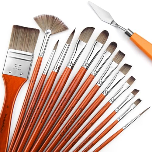 Image of 14pcs Acrylic Paint Brushes, Professional Synthetic Bristles Paint Brush Set with Extra Palette Knife - Flat, Filbert, Fan, Dagger, Round, Angle, Rigger Paint Brushes for Oil, Acrylic Canvas Paintings