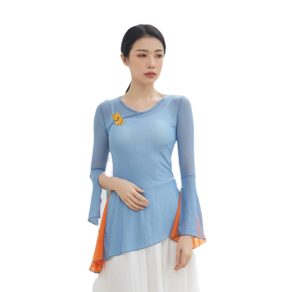 HEARTTOUCH Women Chinese Dance Shirts Ballet Wrap Top Long Sleeve Teen Girls Classical Dance Crop Yoga Gym Cover up (Blue d,Small)