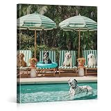 Dogs by Pool Summer Wall Art Print - Cute Swimming Dog Canvas Picture Painting - Tropical Wall Decor for Home Beach House Poolside 8x10 Inch Framed