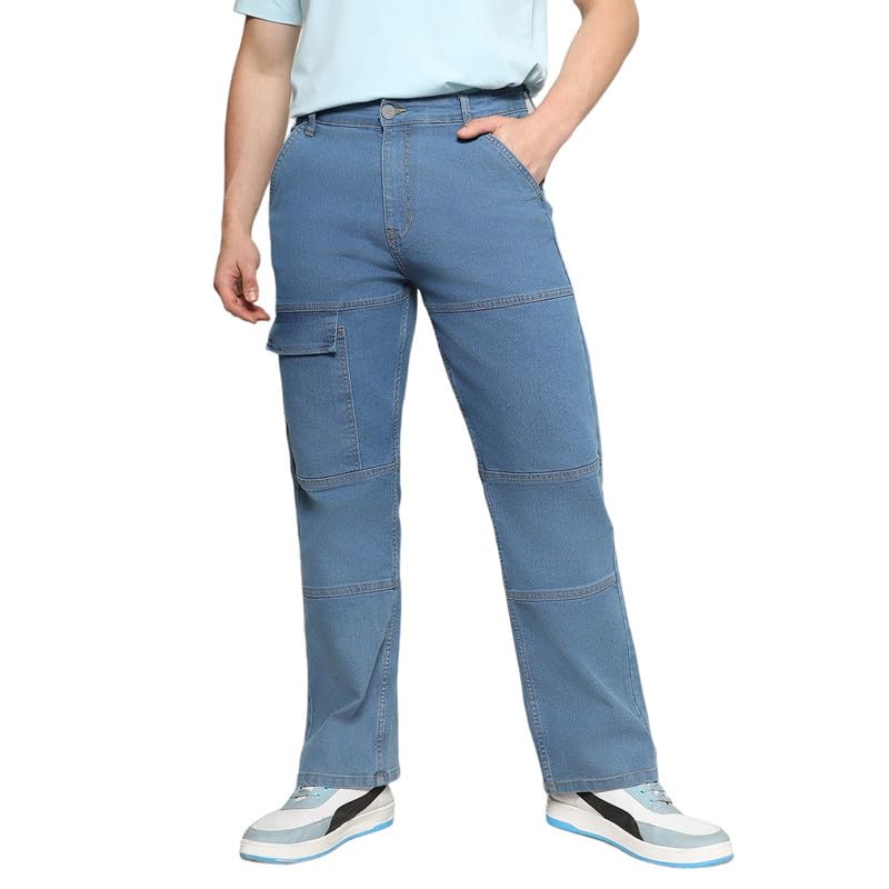 Image of CAHOOT Men's Stitched Cargo Denim Jeans for Casual Wear | Dark-Wash | 5 Pocket | Button Closure | Denim Jeans Crafted with Comfort Fit for Everyday Wear