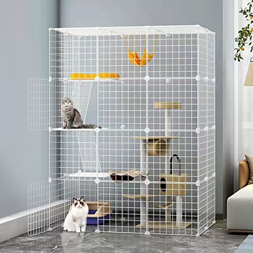 Large Cat Cage Enclosures Indoor Cat Playpen Detachable Metal Wire Indoor Diy Kennels Crate Large Exercise Place Ideal, For 1-3 Cats With 2 Platforms Beds And 2 Ladders （White）… #TOP13