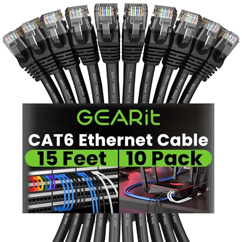 GEARit Cat 6 Ethernet Cable (10-Pack 15 Feet) Cat6 Network Patch, 10Gbps, RJ45, Snagless Cord, Gold-Plated Connectors, Internet for PC, TV, Tablet, Router, Printer, Servers, IT Data Center - Black