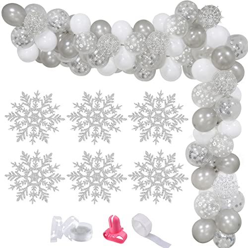 White Silver Snowflake Balloons Garland Arch Kit, Silver Snowflake Confetti Balloons Arch Winter Wonderland Party Decorations for Winter Baby Shower Birthday Baby Its Cold Outside Decorations