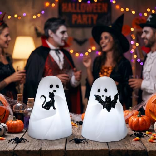 Image of Halloween Ghost Flameless Real Wax Candles Battery Operated with Timer | White, 3D Wick Flickering, 6H Timer, LED Light, Bat & Cat Ghost Halloween Decor & Gift, 3.3 inch x 4.3 inch, 2 pack