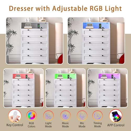 Image of Wodeer White Dresser Tall 5 Drawer Dresser for Bedroom, Wood Chest of Drawers with LED Lights, Charging Station, Metal Handles, Modern Storage Cabinet and Organizer Drawers for Living Room, Hallway