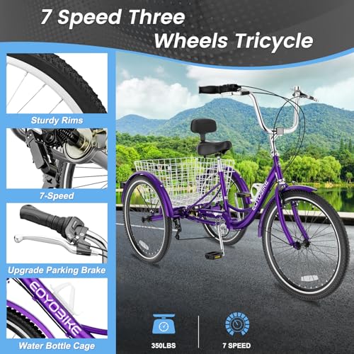Slsy Adult Tricycle 7 Speed, 20/24/26 Inch Step-Through 3 Wheel Bike for Adults with Large Shopping Basket, 350 lb Capacity Adult Trike for Seniors, Women and Men - Thumbnail 2
