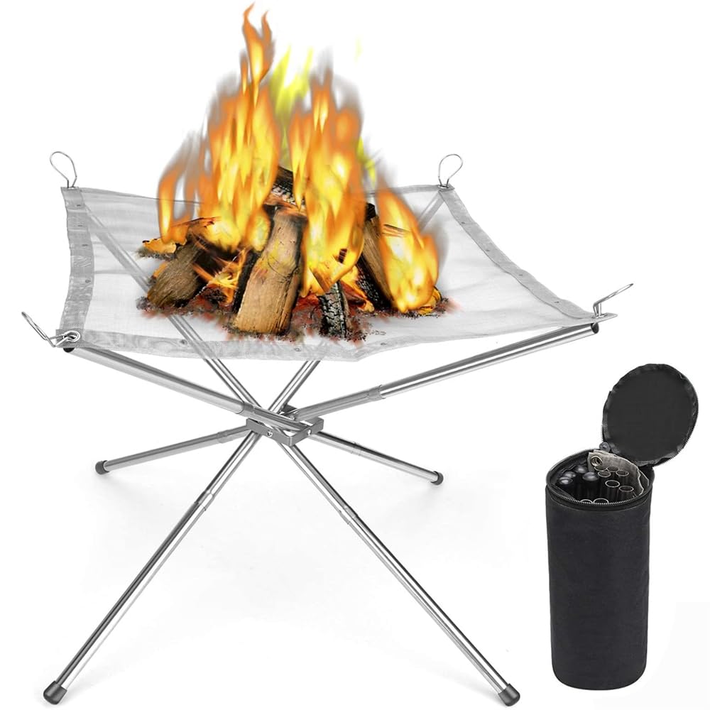 16.5 Inch Portable Outdoor Fire Pit, Collapsing Stainless Steel Mesh Fireplace, Steel Mesh Fire Pits Fireplace for Camping, Outdoor, Patio, Backyard and Garden, Camping Gear, Carrying Bag Included