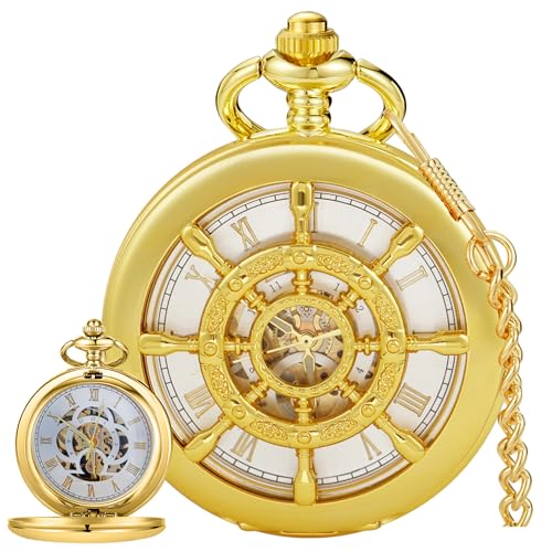 Image of Men's Mechanical Hollow Design Hand Wind Pocket Watch Roman Numerals Steampunk with Chain Box