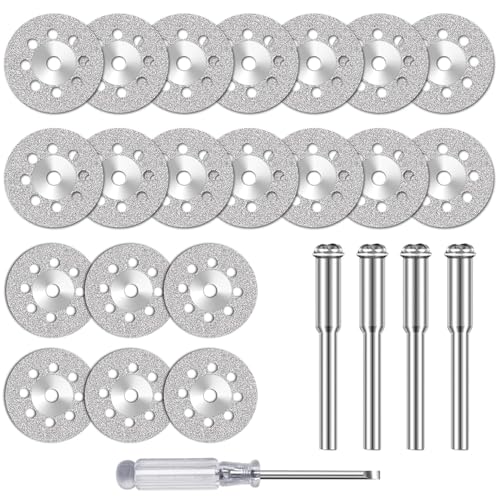 20Pcs Diamond Cutting Wheel Set, 22mm/545 Cut off Discs for Dremel Rotary Tool with 3mm Mandrels and 1 Screwdriver, Diamond Cutting Disc Glass Cutters Stone Metal Ceramics Gemstones
