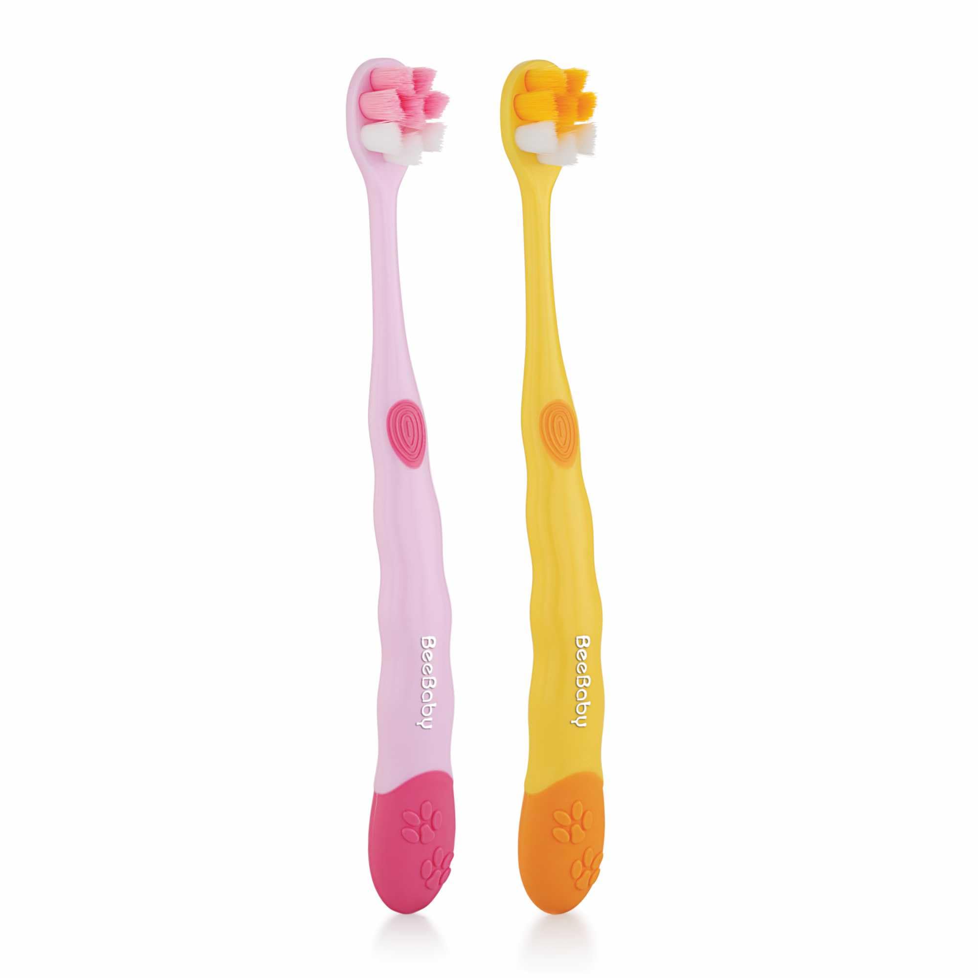 BeeBaby Brush Buddy Toothbrush for Kids 3-6 Years, Long Handle for Easy Grip, 10 x Softer Tapered Bristles Ideal for Milk and Permanent Teeth, 100% BPA Free. Yellow & Pink. Pack of 2-image-31