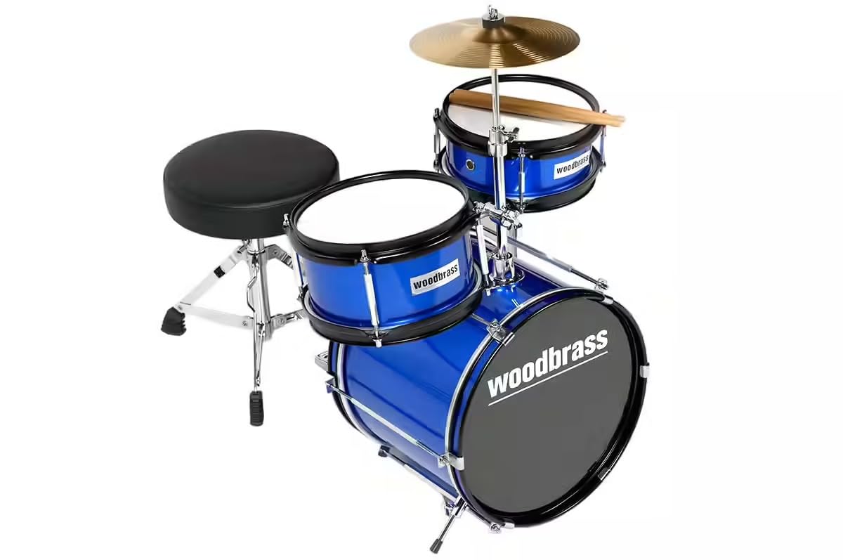 WOODBRASS DSJ90B - Batería infantil completa de 3 años, mini kit de batería acústica junior con asiento, pedal, platillo, 8 pulgadas, Tom y caja clara, batería infantil principiante, color azul