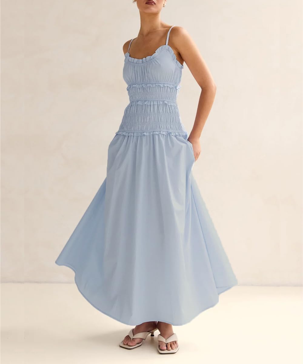 Women Spaghetti Strap Maxi Dress Sleeveless Scoop Neck Smocked Ruffle Tiered Elastic Long Summer Casual Sundress,Blue,M - Image 2