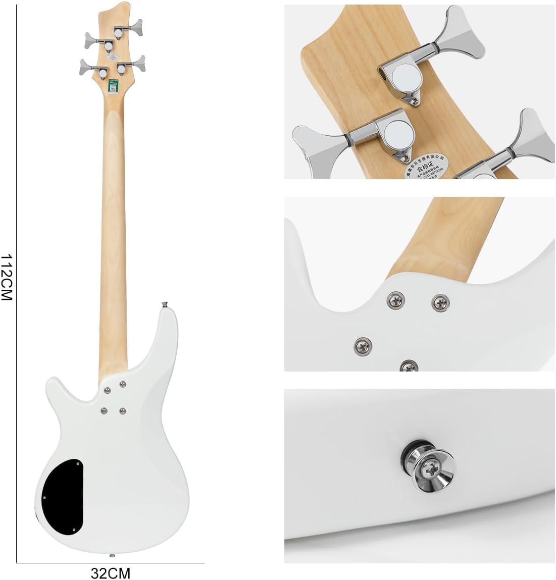 Elektryczna gitara basowa, 4 struny, pełny rozmiar, P bas, zestaw dla początkujących, czarny, z torbą na koncert, paskiem do gitary i kablem gitarowym (biała)