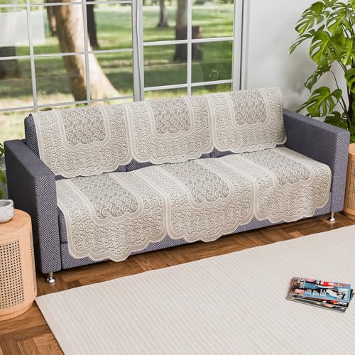 Image of Kuber Industries (Set of 6) Stylish & Durable Cotton Sofa Covers 3 Seater | Washable Sofa Protector /Mat | Suitable Slipcover for Living Room & Office | Zig Zag Design - Cream