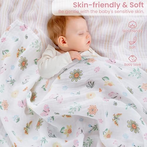 Image of Softan Swaddle Blankets for Baby Girls & Boys Gift, Large 47X47 inches Receiving Blankets for Newborn,4 Pack Flowers and Butterflies