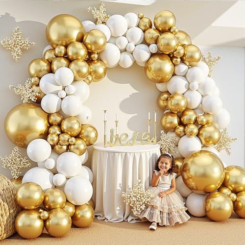Image of 412Pcs White and Gold Balloon Arch Kit,18 12 10 5 Inch Gold balloons White Metallic Gold Latex Different Sizes Balloon Garland kit for Birthday Anniversary Wedding Baby Shower Party Decorations