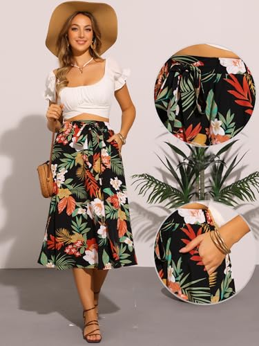 Allegra K Floral Boho Midi Skirt for Women Elastic Waist A-Line Flowy Summer Beach Skirt with Pocket2