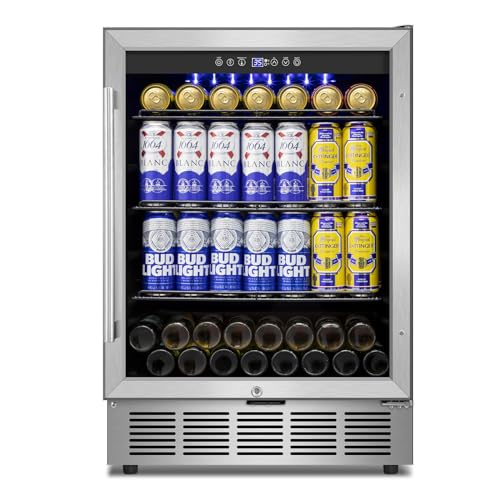 Image of Beverage Refrigerator 24 inch-200 Can Drink Fridge with Glass Door, Under Counter /Freestanding Beverage Cooler with Temperature Memory, Reversible Door, Quick Cooling, Cooler for Beer, Soda, Wine