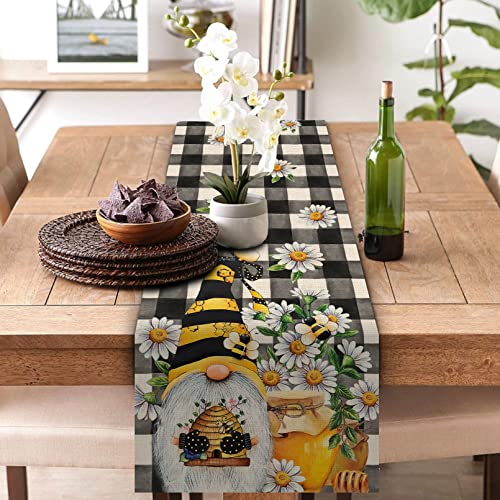 Seliem Spring Bee Gnome Table Runner, Honey Black White Buffalo Plaid Check Home Kitchen Dining Decor, Summer Seasonal Farmhouse Daisy Decorations Indoor Outdoor Anniversary Party Supply 13 X 72 Inch #TOP2