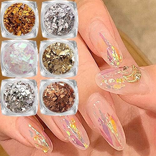 6 Colors/Box of Nail Paper foil Decoration Holographic Decal Broken Glass Aurora cellophane Nail Transfer foil Nail Decorations - (Color: 6pcs)