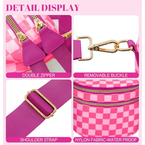 WOOMADA Checkered Crossbody Bag Bum Bag for Women, Spacious Nylon Fanny with Adjustable Strap, Stylish Belt Bag Purse(Hot Pink Checkerboard)4