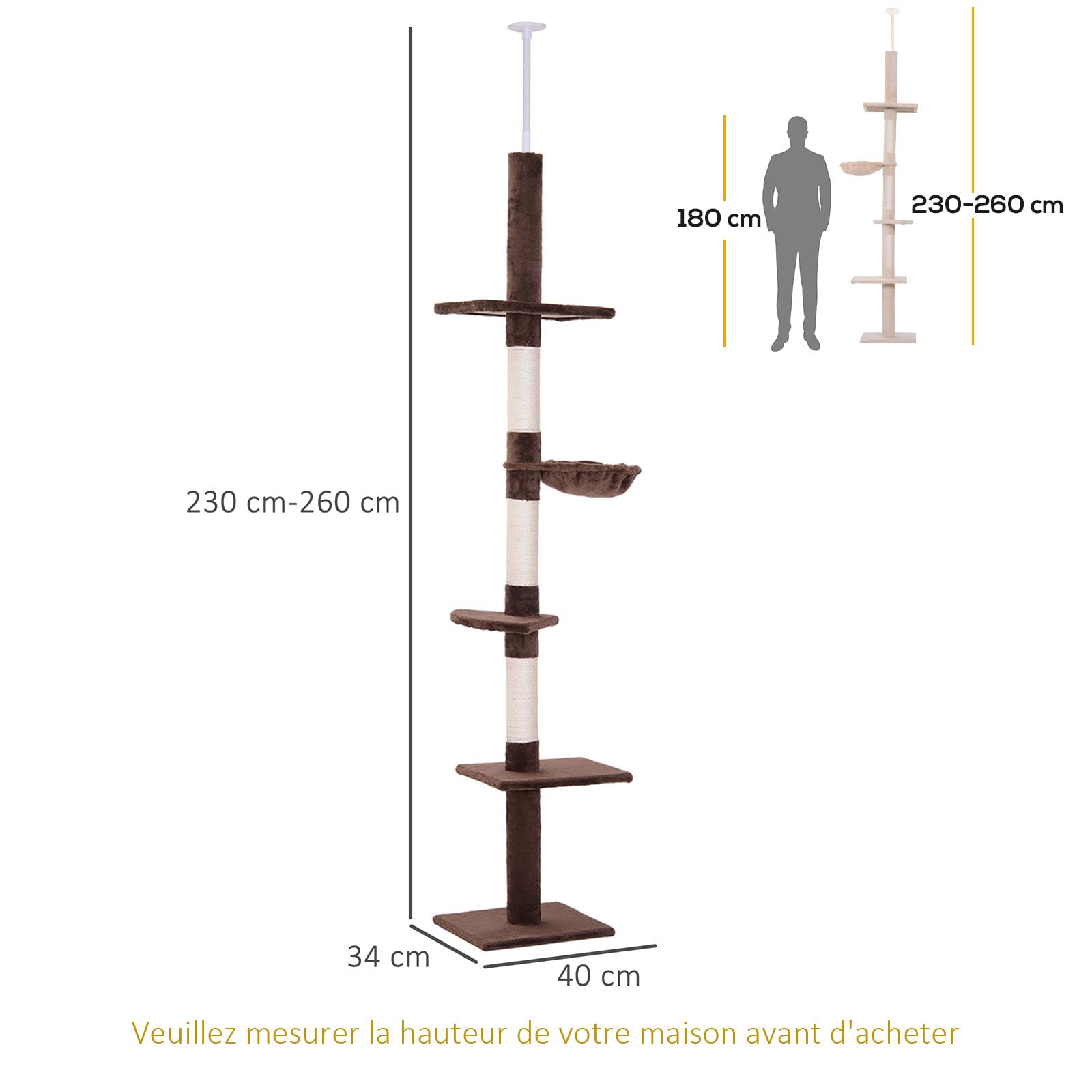 PawHut Drzewo kot od podłogi do sufitu drapak dł. 40 x szer. 34 x wys. 230-260 cm 5 poziomów aktywności brązowy