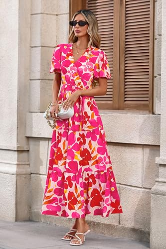 Image of MASCOMODA Women Boho Swiss Dot Maxi Dresses Wrap V Neck Flutter Short Sleeve Solid Tie Waist A Line Tiered Flowy Long Dresses