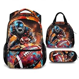 Homexzdiy Football Backpack for Boys for Preschool Elementary Teams, 17 Inches School Bookbag with Lunch Box and Pencil Case Travel Camping Hiking Supplies