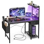 Gaming Desk 47 Inch with Power Outlet and LED Light, Computer Desk with Reversible Shelves and Storage Drawer, Pc Small Desk for Home Office Table with Bag, Carbon Fiber Black