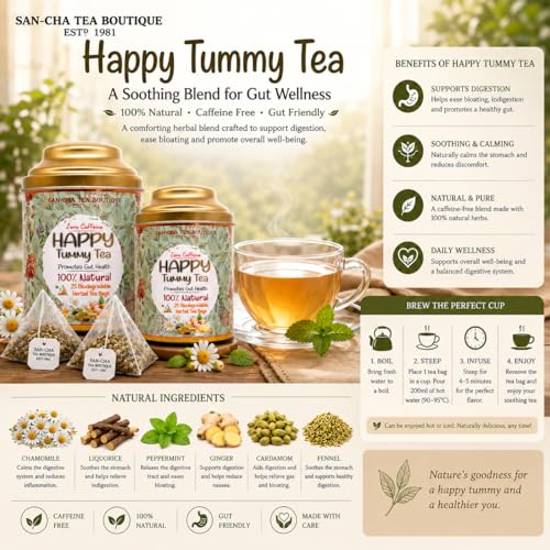 Image of Sancha Tea Boutique, Happy Tummy Tea, Caffeine Free Herbal Tisane, 25 Pyramid Bags, Digestive Teas, Tummy Detox (Pack of 2)